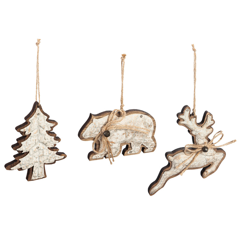 Wood and Metal Ornament with Jute Bow, Light Brown, 3 Assorted, 5.8'' x 1'' x 5.9'' inches