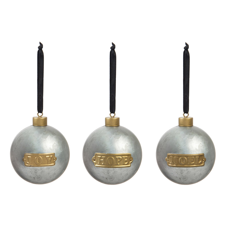 Metal Silver Ball Ornament, 3 Assorted: Noel, Hope, Joy