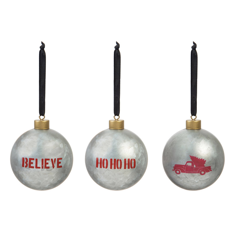 Metal Silver Ball Ornament, 3 Assorted: Truck, Ho Ho Ho, Believe, 3'' x 3'' x 3.5'' inches