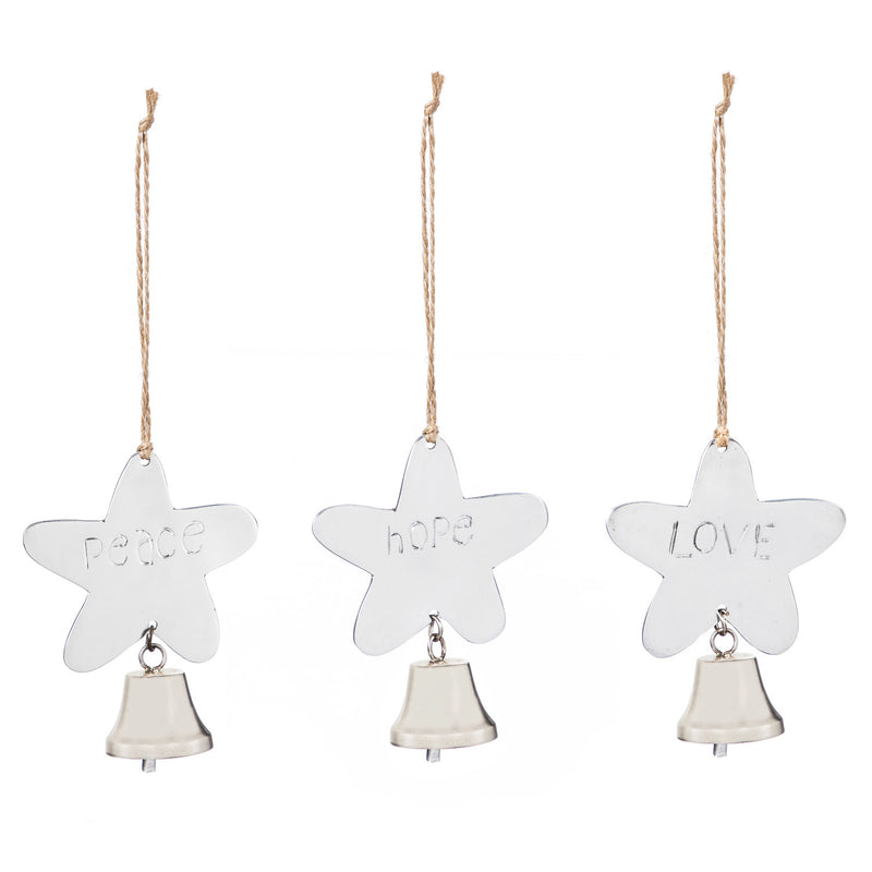 Metal Star with Bell Ornament: Love, Hope, Peace, 3 Assorted