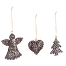 Shaped Bronze Metal Ornament: Angel/Heart/Tree, 3 Assorted,3otm185