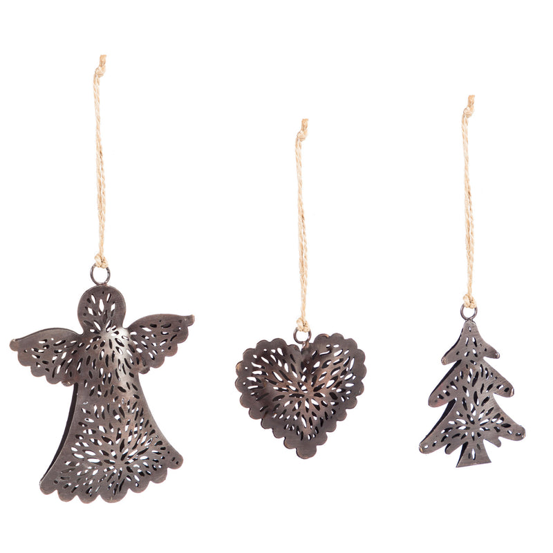 Shaped Bronze Metal Ornament: Angel/Heart/Tree, 3 Assorted, 4'' x 0.8'' x 4.8'' inches