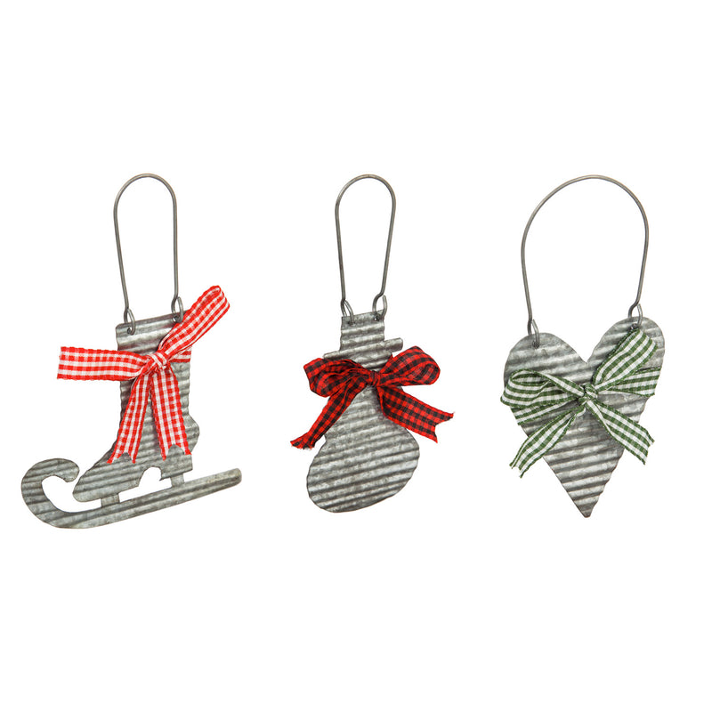 Galvanized Metal Christmas Ornament with Bow, 3 Assorted: Snowman/Heart/Ice Skate,3otm204