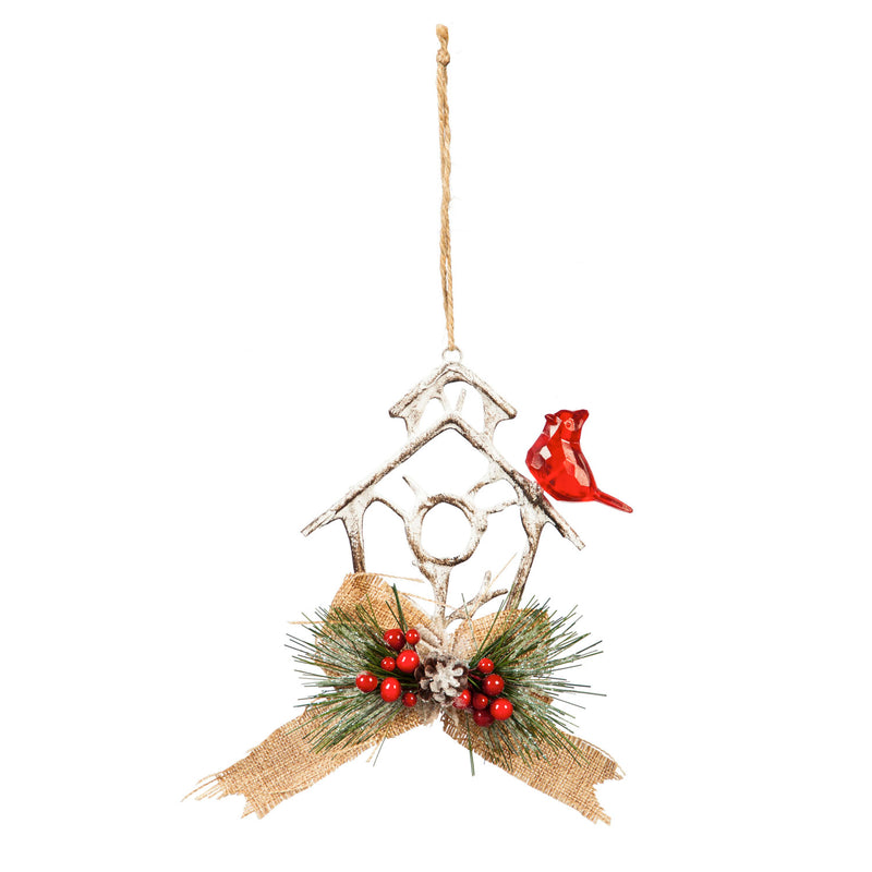 Metal Birdhouse Ornament with Artificial and Ribbon, 4'' x 1.5'' x 5.5'' inches