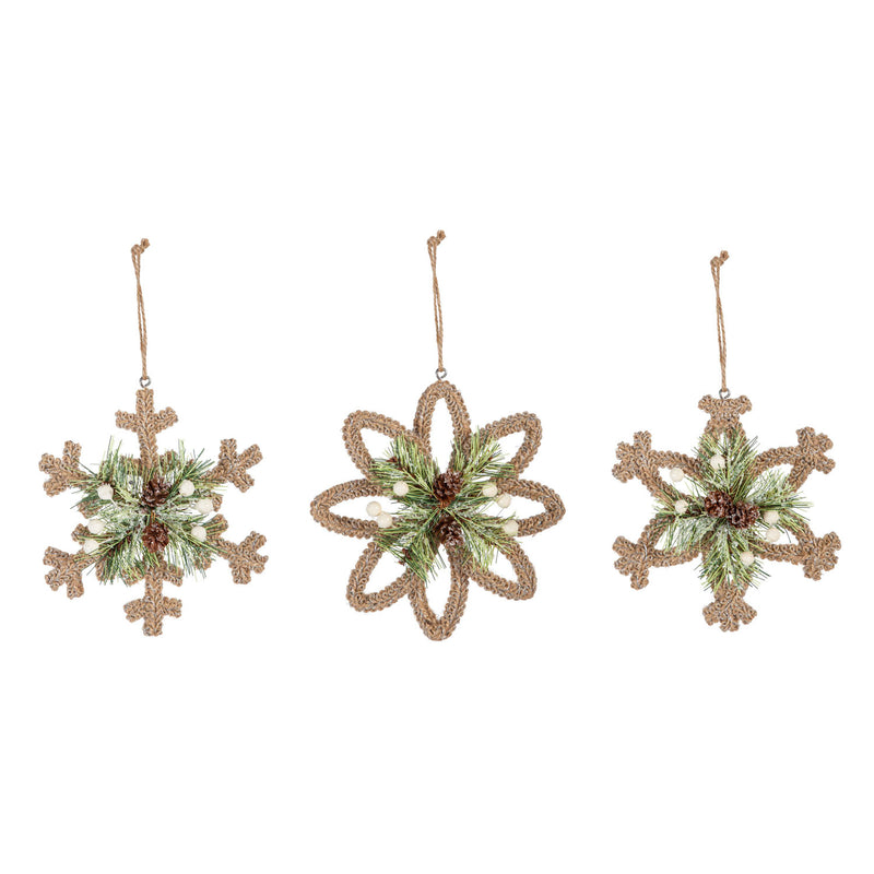Wire Snowflake Ornament Wrapped with Jute, 3 Assorted, 6.5'' x 1.1'' x 6.5'' inches