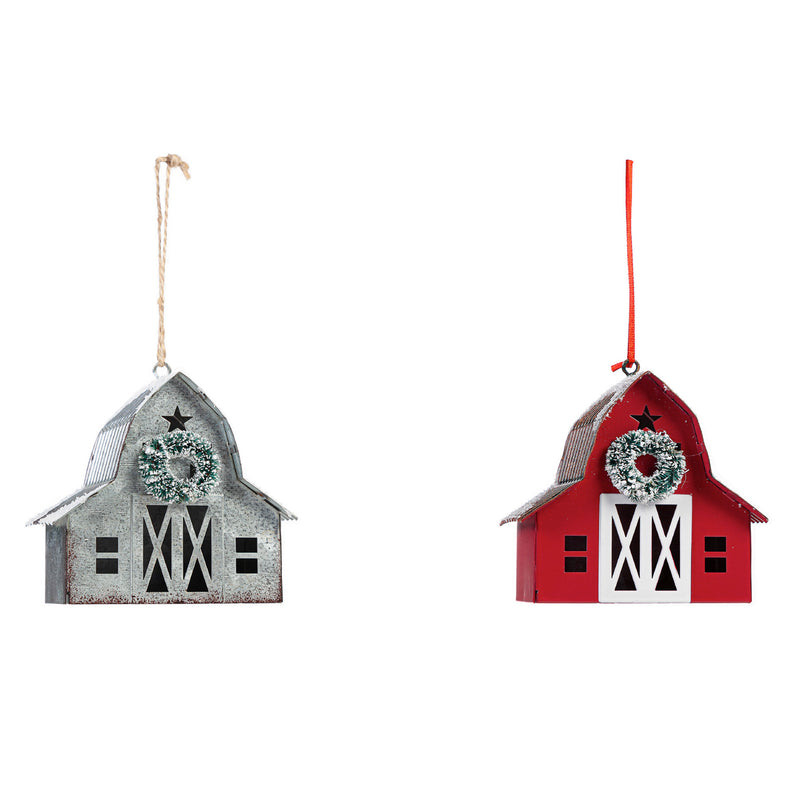 Metal Barn Ornament, 2 Asst: Red/Silver, 3.5"x2.5"x3.75"inches