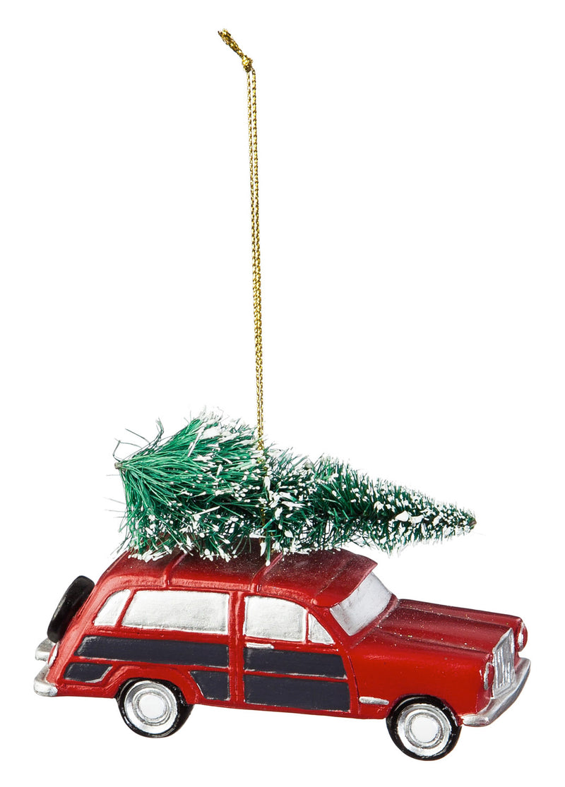 Red Polystone Truck and Station Wagon Ornament, 2 ASST