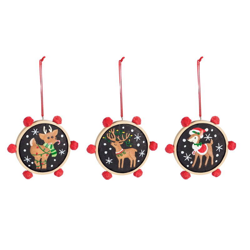 Reindeer Pom Pom Ornament, 3 Assorted, 4'' x 0.5'' x 4'' inches