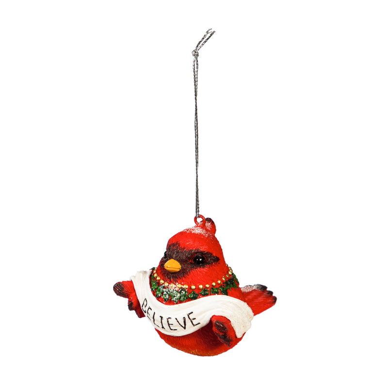 Cardinal Bird with Holiday Message Ornament, Hope/Noel/Believe/Joy, 4 Asst