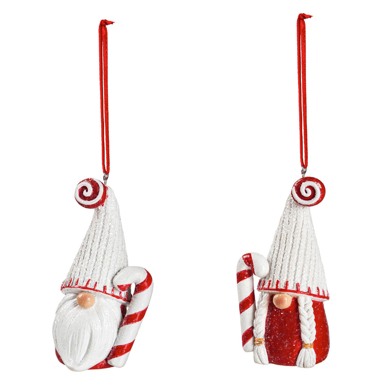 Polyresin Holiday Gnome with Candy Cane Ornament, 2 Asst, 2"x1.75"x4"inches