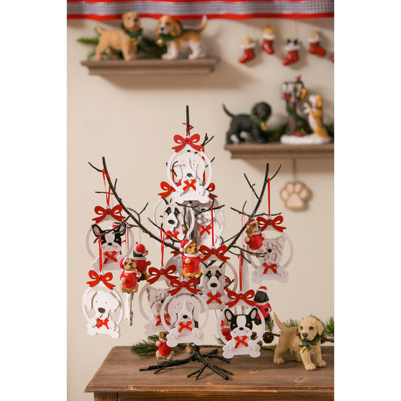 White Wood Dog Ornament with Red Bow, 7 Assorted