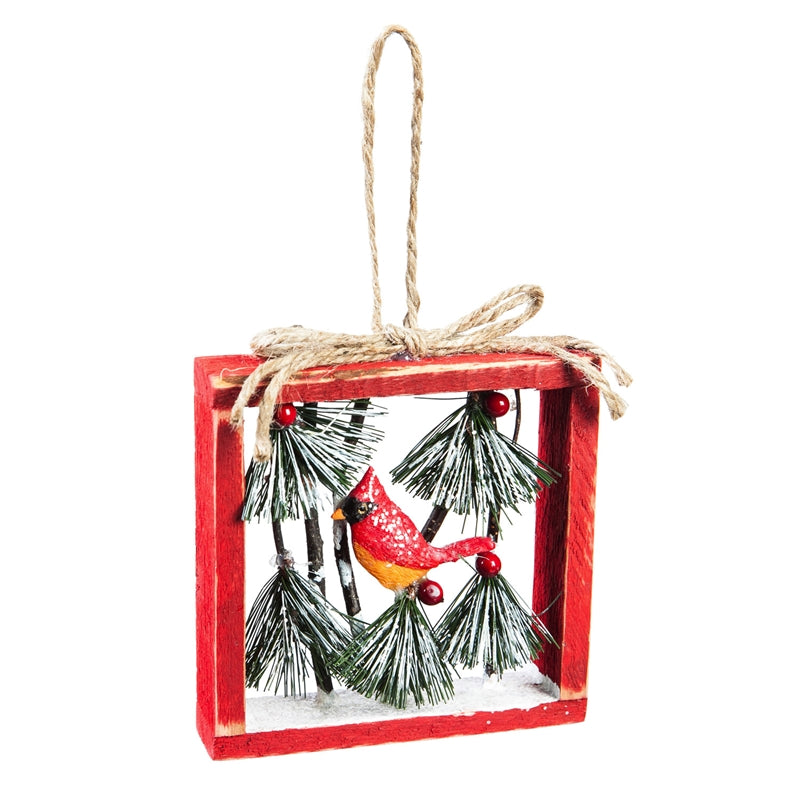 Hand Painted Wood Frame Ornament with Cardinal and Piine Needle, 5'' x 1.1'' x 5.3'' inches