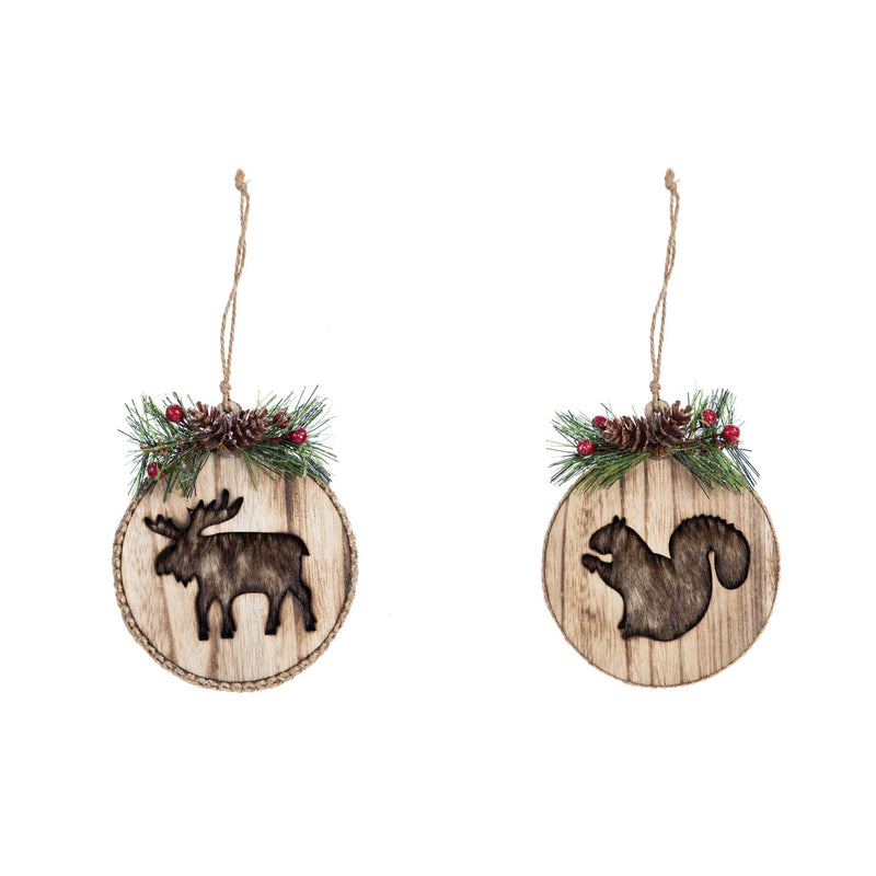 Wooden Ornaments with Woodland Animals, Moose/Squirrel, 2 Assorted, 4.3'' x 1.5'' x 5'' inches