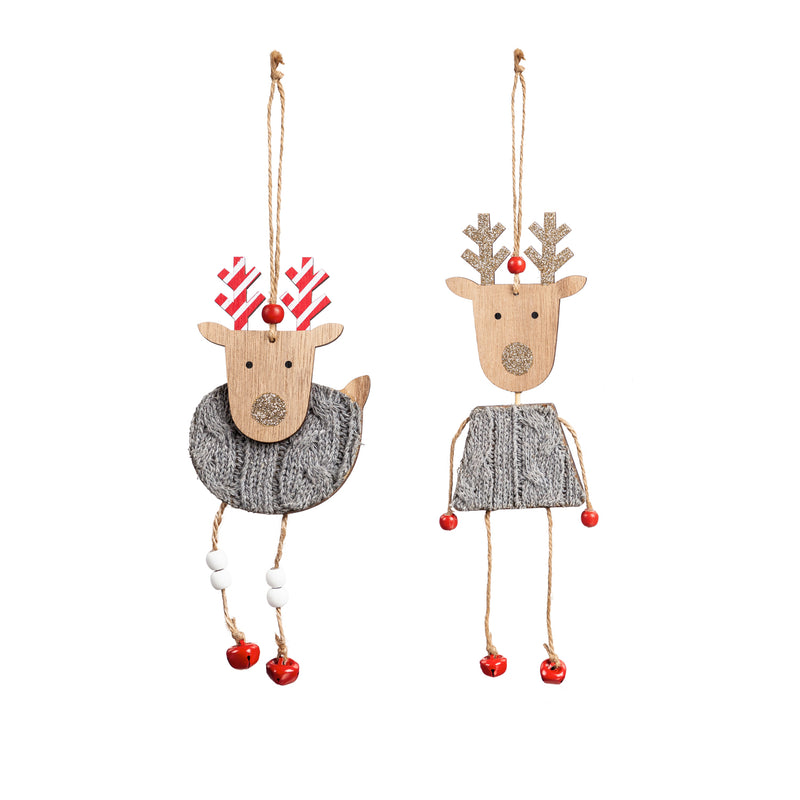 Wooden Reindeer Ornament with Dangling Legs and Fabric Sweater, 2 Asst,3otw177