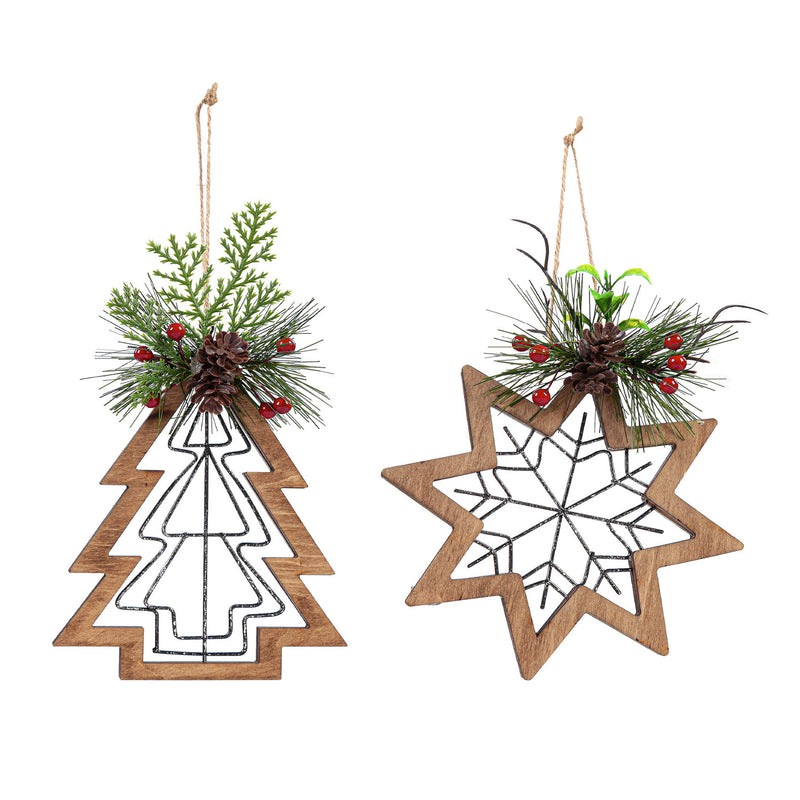 Wood and Metal Ornament with Artificial, 2 Asst: Tree/Snowflake,3otw199