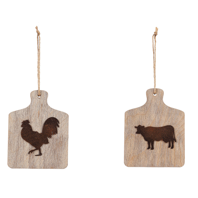 Wood Cutting board with Farm Animal Ornament, 2 Asst: Cow/Rooster,3otw201