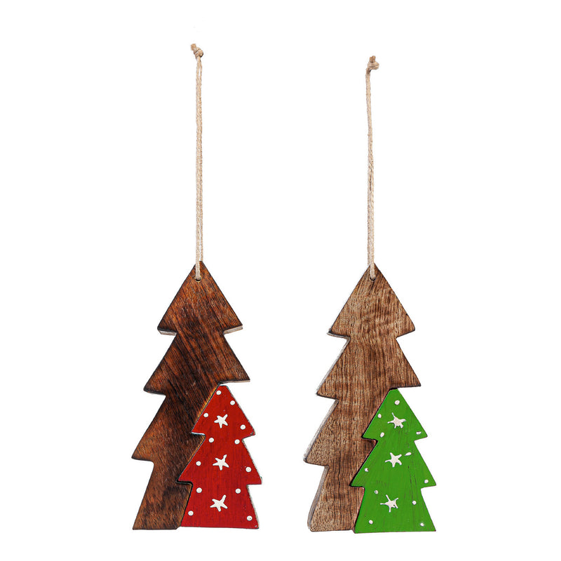 Wood Tree Ornament, 2 Asst: Red/Green,3otw204