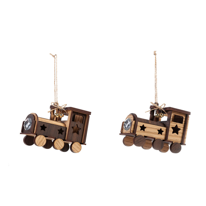 Wooden Train Ornament with Metal Bells, 2 Asst, 4.3"x1.7"x3.2"inches