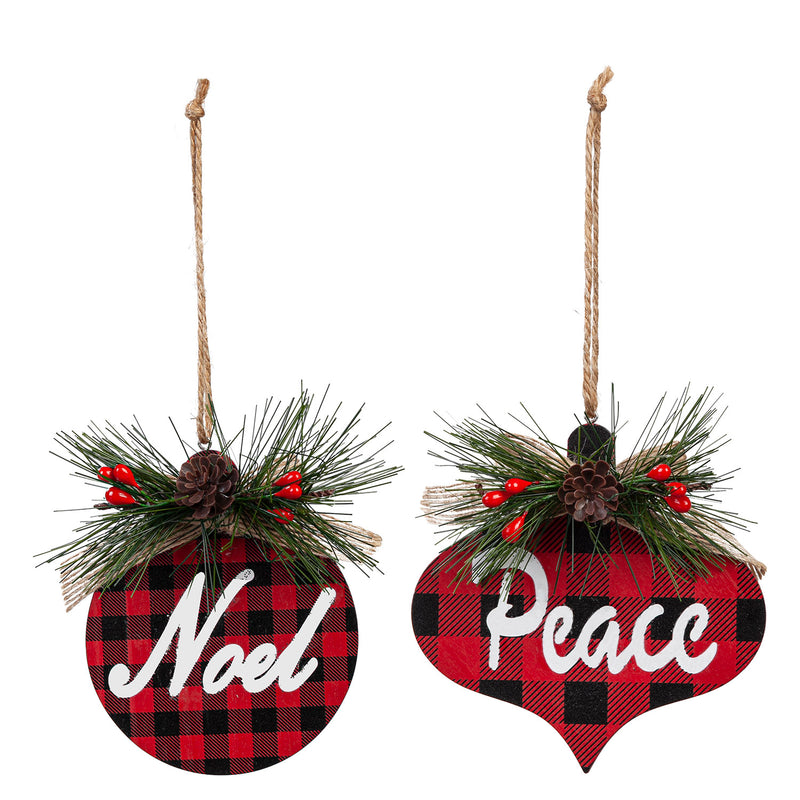 Wood Plaid Ornament with Artificial, 2 Asst: Peace/Noel,3otw215