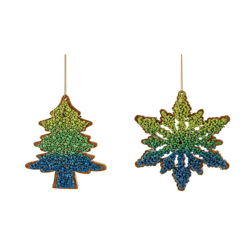 Wood Ombre Colored Beaded Ornament, 2 Asst: Tree/Snowflake,3otw230