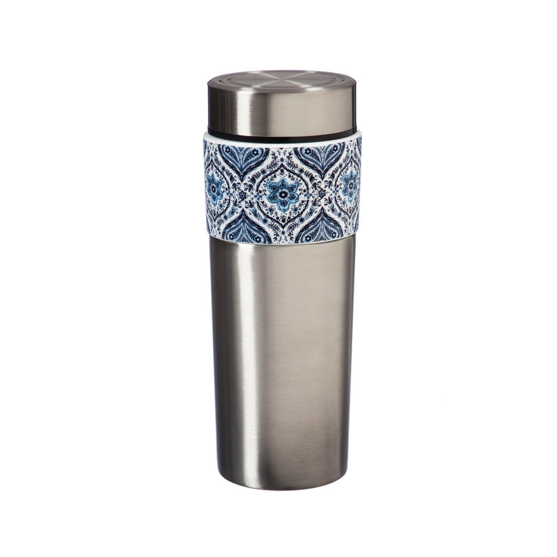 The Tandem Double wall Stainless Steel and Ceramic Cup, 17 OZ, Blue Bloosom Array,3scc048