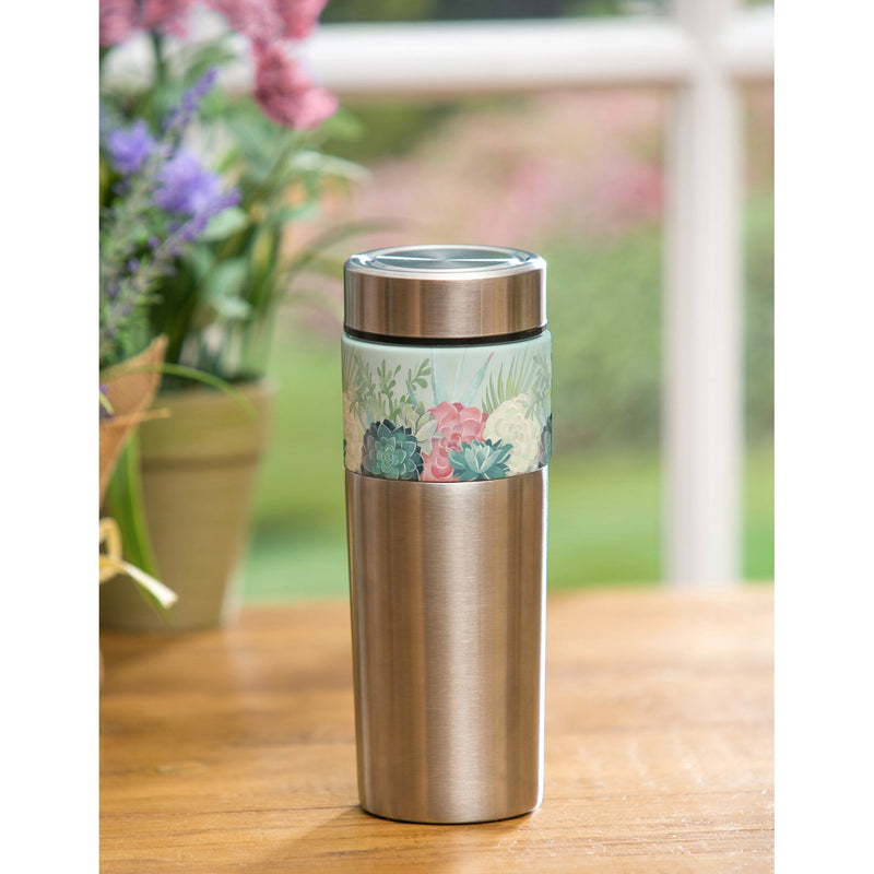 The Tandem Double wall Stainless Steel  and Ceramic Cup, 17 OZ, Succulent Bouquet,3scc050