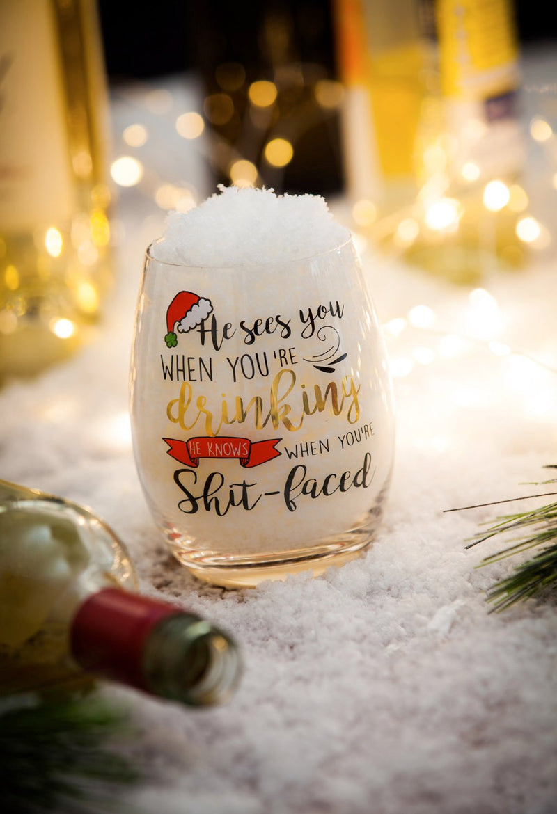 Cypress Home Beautiful Christmas He Sees You When You're Drinking Metallic Stemless Wine Glass - 4 x 5 x 4 Inches Indoor/Outdoor home goods For Kitchens, Parties and Homes