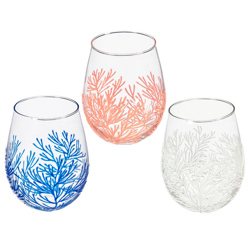 Stemless Wine Glass with Embellish Coral, 17 OZ, 3 Asst,3sl182