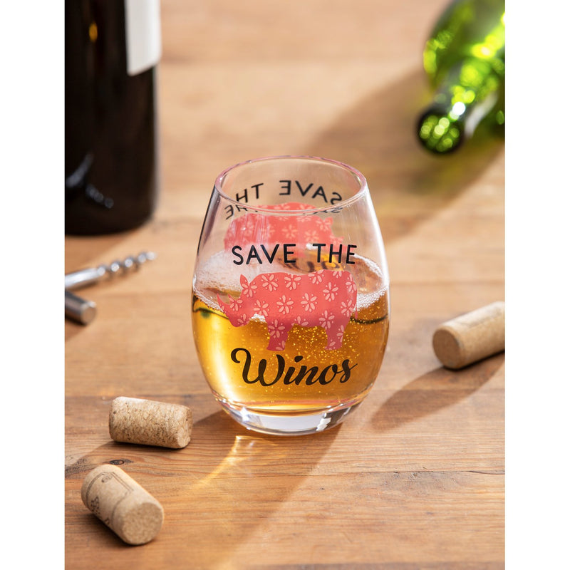 17 OZ Stemless Wine Glass w/Box, Save The Winos, 3.75"x3.75"x5"inches