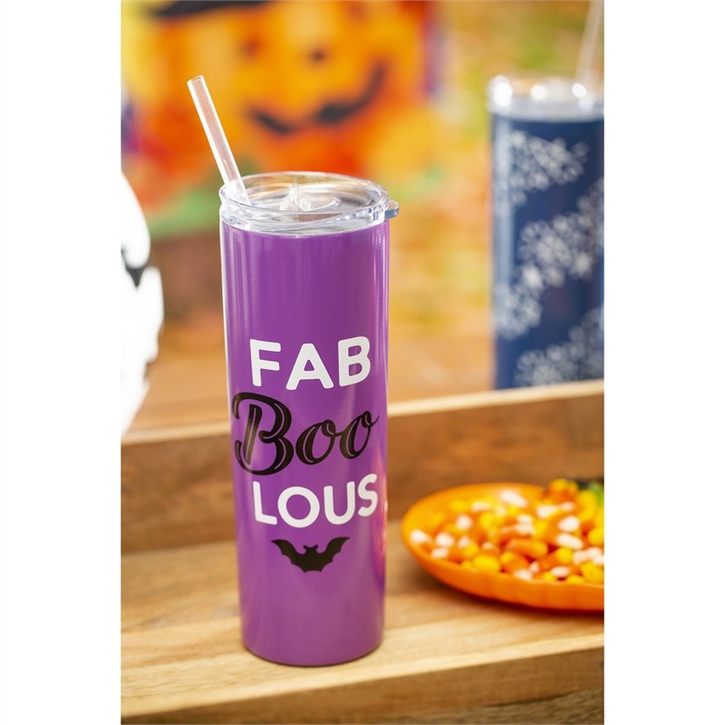 Double Wall Stainless Steel, Glow-in-the-dark Beverage Cup w/Straw, 20 oz., FAB "BOO" LOUS,3ssbg001