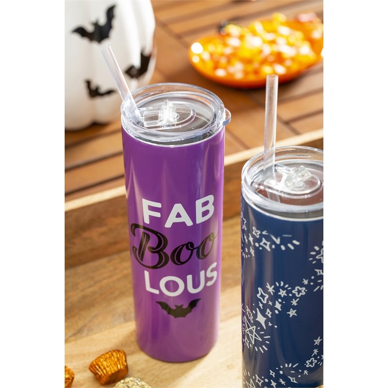 Double Wall Stainless Steel, Glow-in-the-dark Beverage Cup w/Straw, 20 oz., FAB "BOO" LOUS,3ssbg001