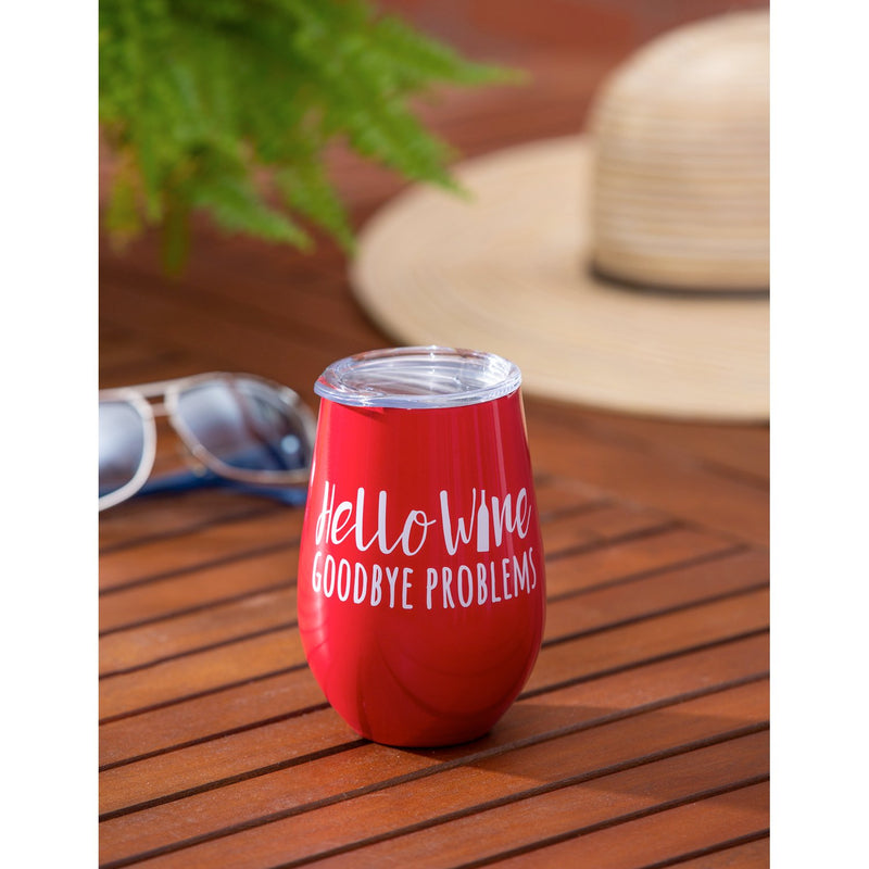 Double Wall Stainless Steel Stemless Wine Tumbler 12oz, Hello Wine, 3"x3"x5.12"inches