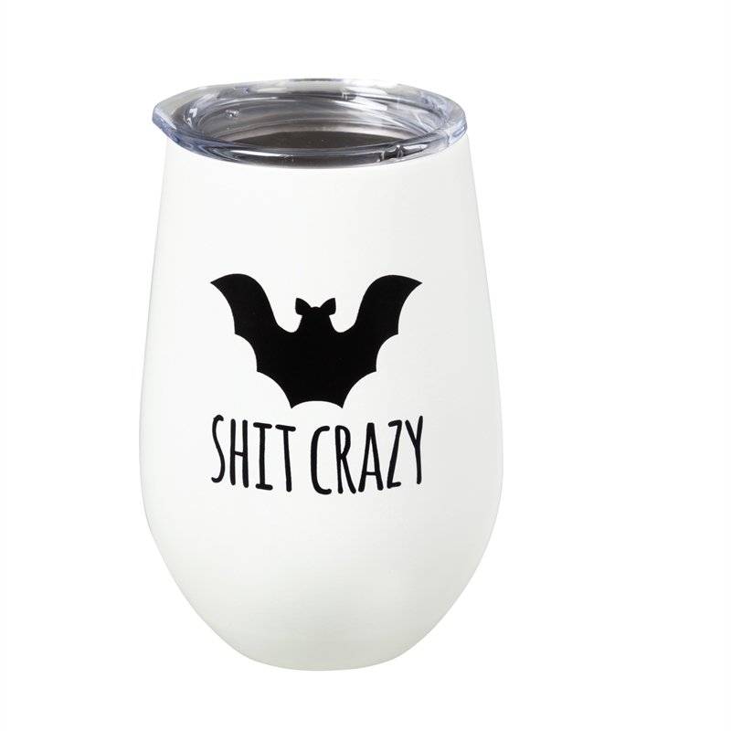 Double Wall Stainless Steel Stemless Wine Tumbler, 12 OZ, Glow-In-The-Dark, "Shit Crazy",3swgd001