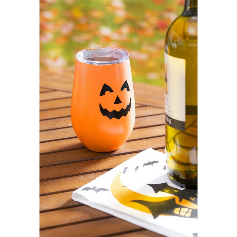 Double Wall Stainless Steel Stemless Wine Tumbler,12 OZ,  Glow-In-The-Dark, Jack-O-Lantern,3swgd002