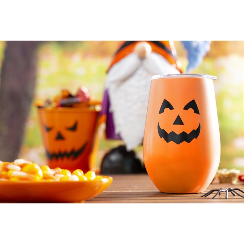 Double Wall Stainless Steel Stemless Wine Tumbler,12 OZ,  Glow-In-The-Dark, Jack-O-Lantern,3swgd002