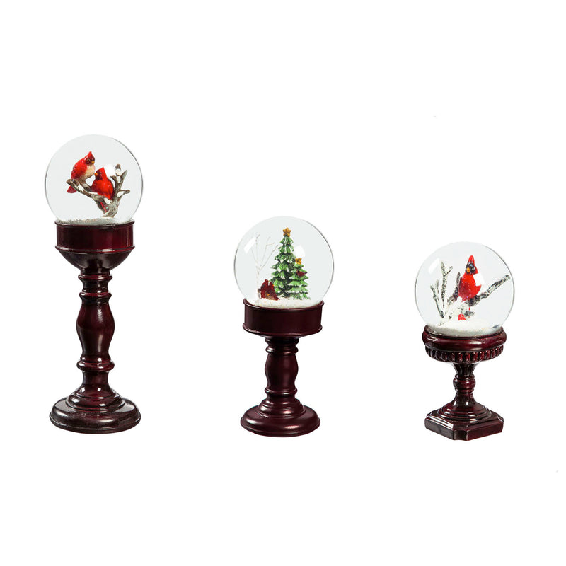 Set of 3 Pedestal Water Globes, Cardinals and Trees,3wgl174