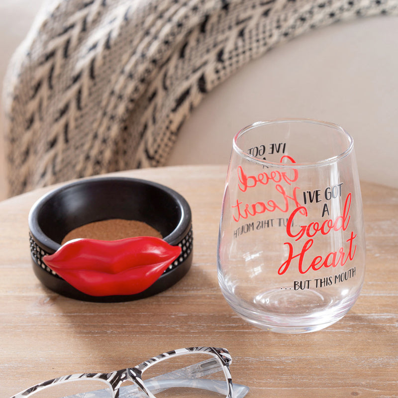 17 OZ Wine Glass with Coster Base, Good Heart,3wgs003