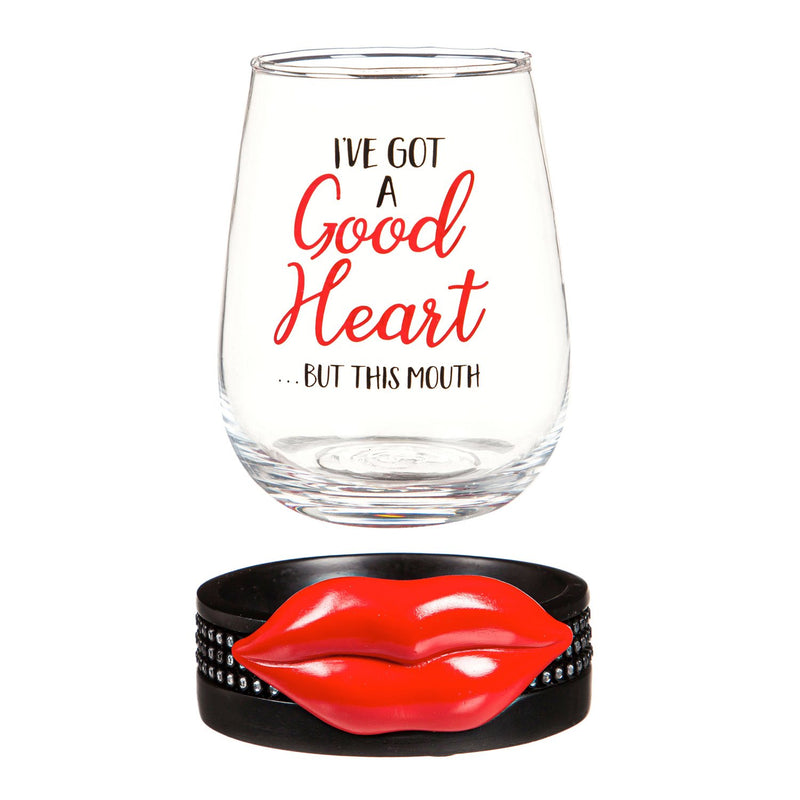 17 OZ Wine Glass with Coster Base, Good Heart,3wgs003