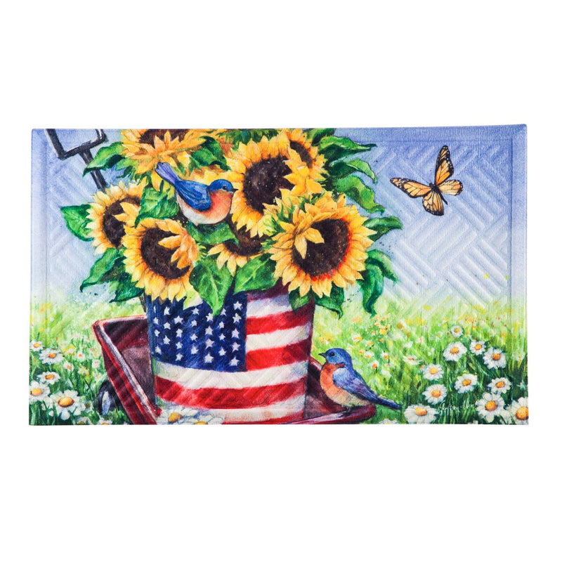 Evergreen Flag Beautiful Patriotic Sunflower Wagon Embossed Durable Welcome Mat - 30 x 18 Inches Fade and Weather Resistant Outdoor Doormat for Homes, Yards and Gardens