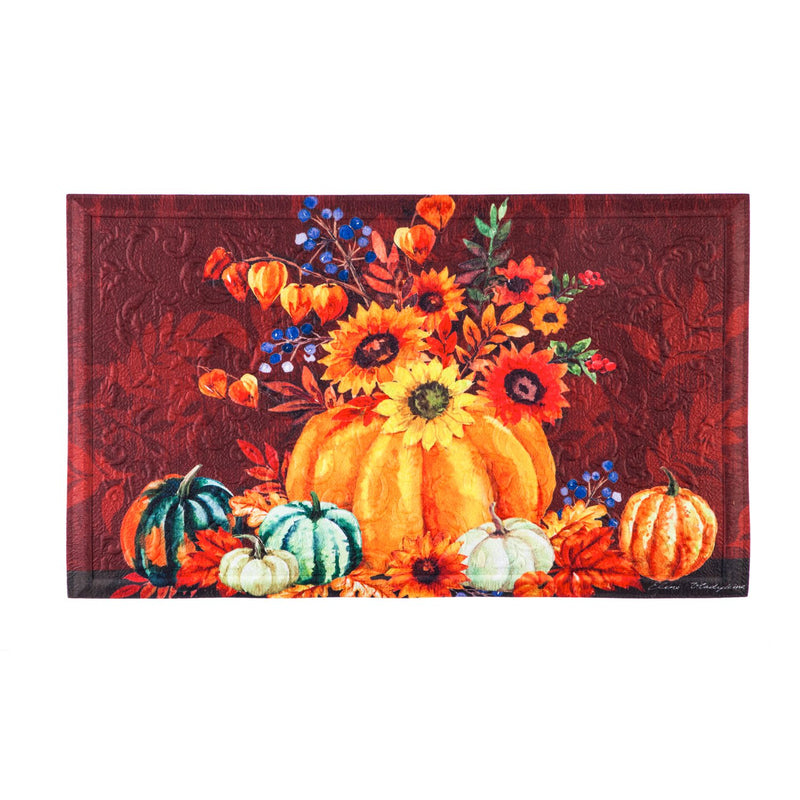 Evergreen Flag Beautiful Autumn Harvest Floral Pumpkin Bouquet Embossed Doormat - 30 x 1 x 18 Inches Fade and Weather Resistant Outdoor Floor Mat for Homes, Yards and Gardens