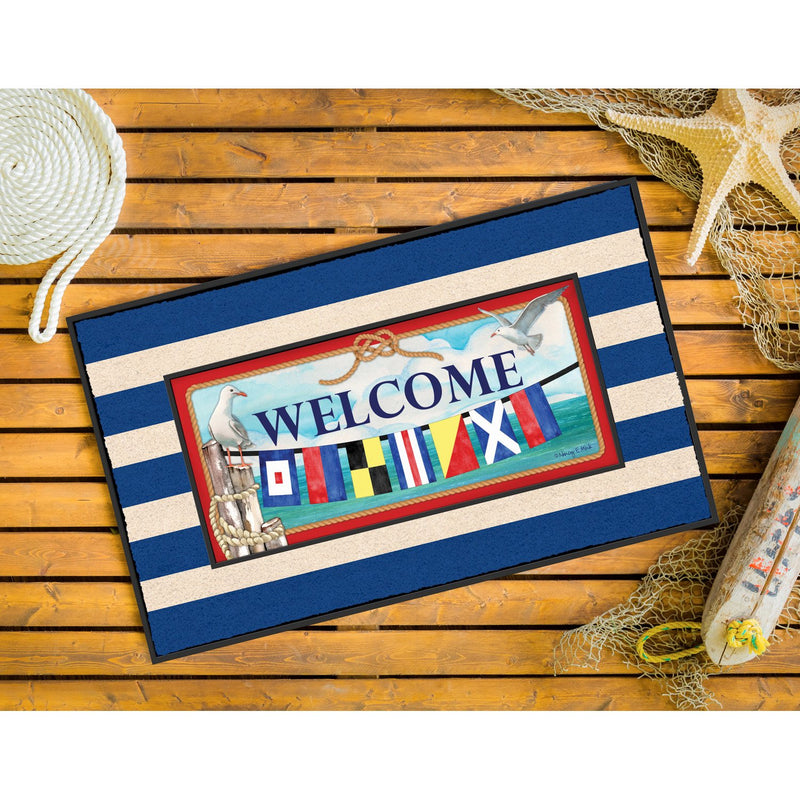 Blue and White Stripe Coir Sassafras Mat Tray