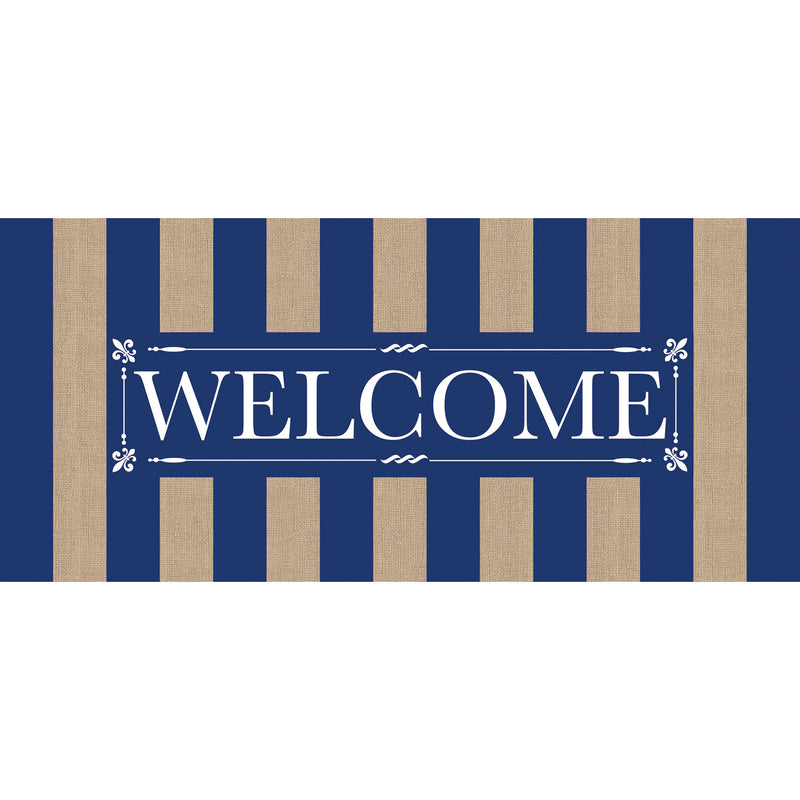 Navy Stripe Welcome Burlap Sassafras Switch Mat