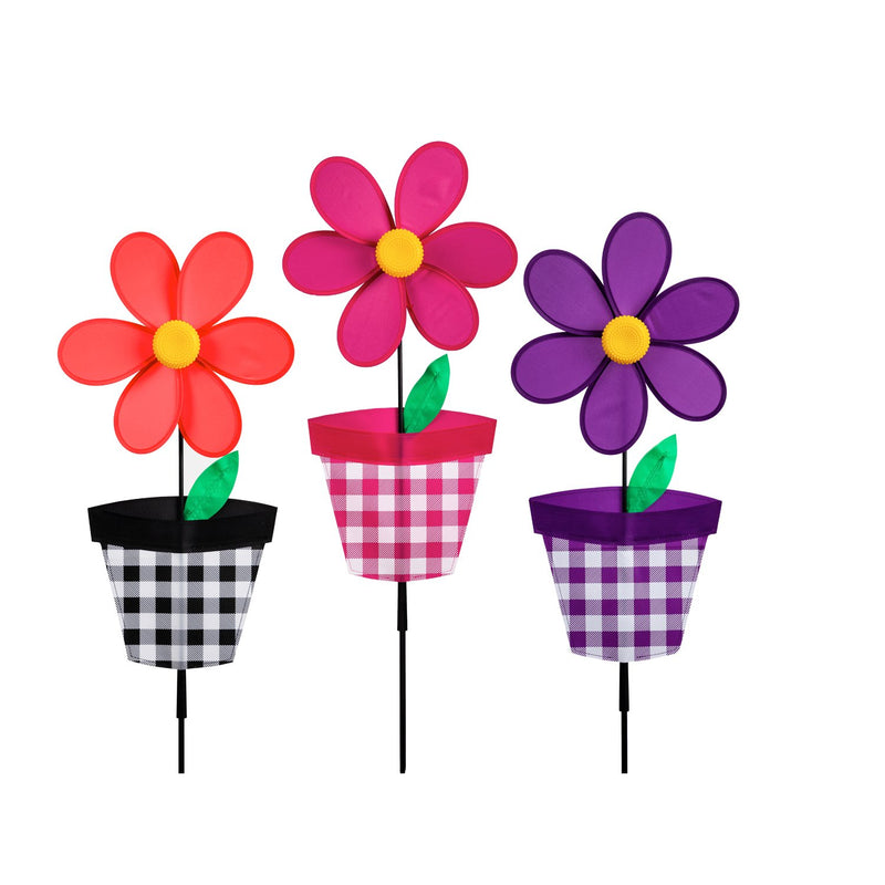 Plaid Flower Pot Pinwheel Spinner, 3 Assorted,45336