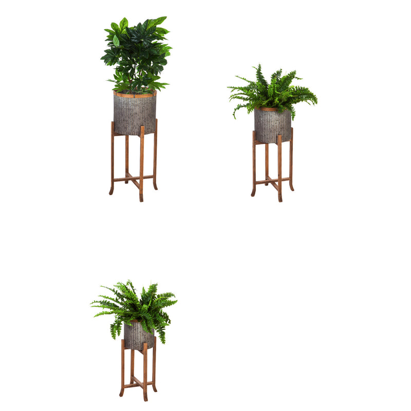 Corrugated Galvanized Metal Planters with Wooden Stand, Set of 3,47m2370