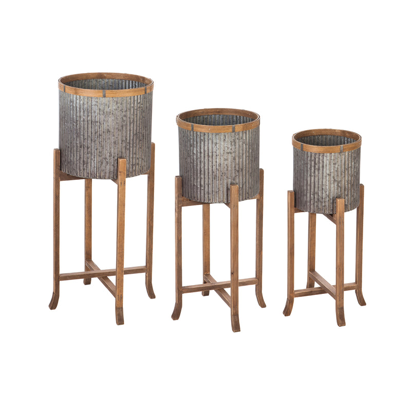 Corrugated Galvanized Metal Planters with Wooden Stand, Set of 3,47m2370