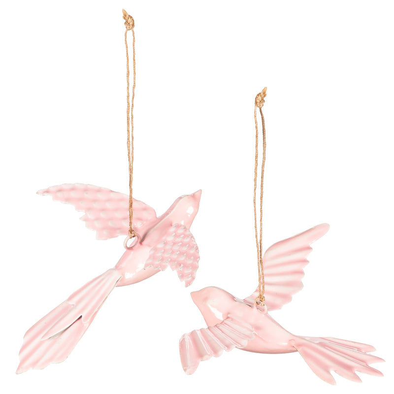 Embossed Enamel Hanging Birds, Set of 2, Pink,47m2577