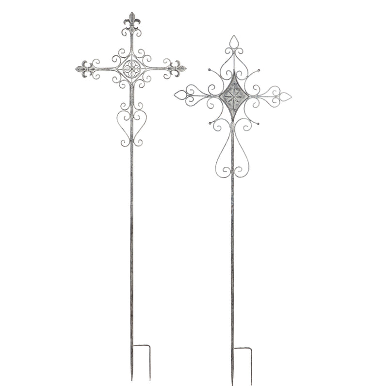 Evergreen 65"H Distressed White Metal Cross Stake, 2 ASST, 19.3''x 0.8'' x 65.7'' inches