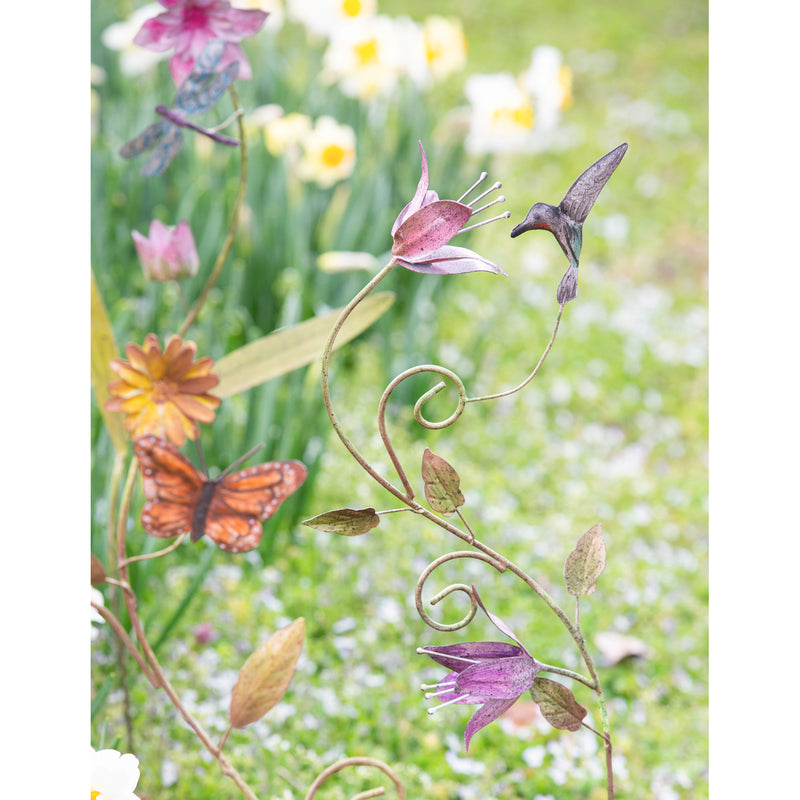 32"H Artisan Butterfly/Dragonfly and Florals Garden Stake, 3 ASST., 4.5"x10"x32"inches