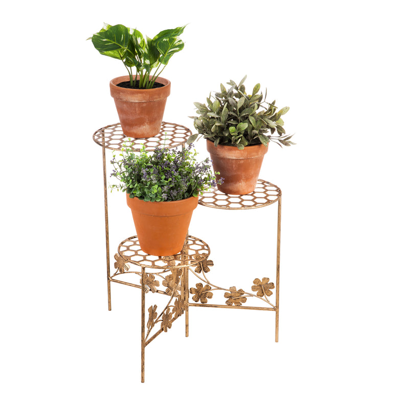 18.25" 3 Tier Collapsible Plant Stand, Honeycomb and Floral with Gold and Verdigris Finish, 8"x10"x18.25"inches