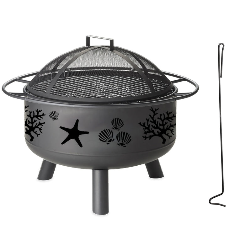 Coral and Shell Metal Firepit, 30"x30"x23.5"inches